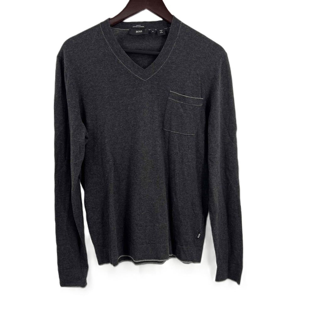 Hugo Boss Sweater Cotton Cashmere‎ Dark Gray Slim Fit V Neck Mens Medium